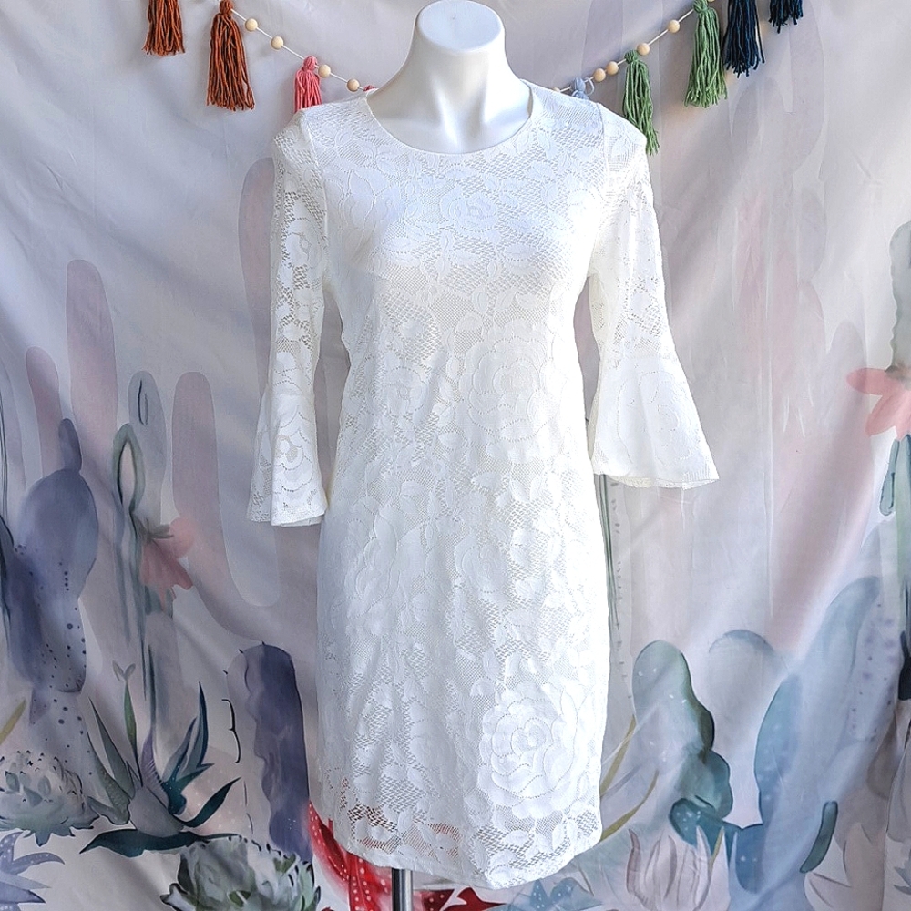 Nwot French Grey White Lace 3/4 Bell Sleeve Sheath Shift Dress L large casual